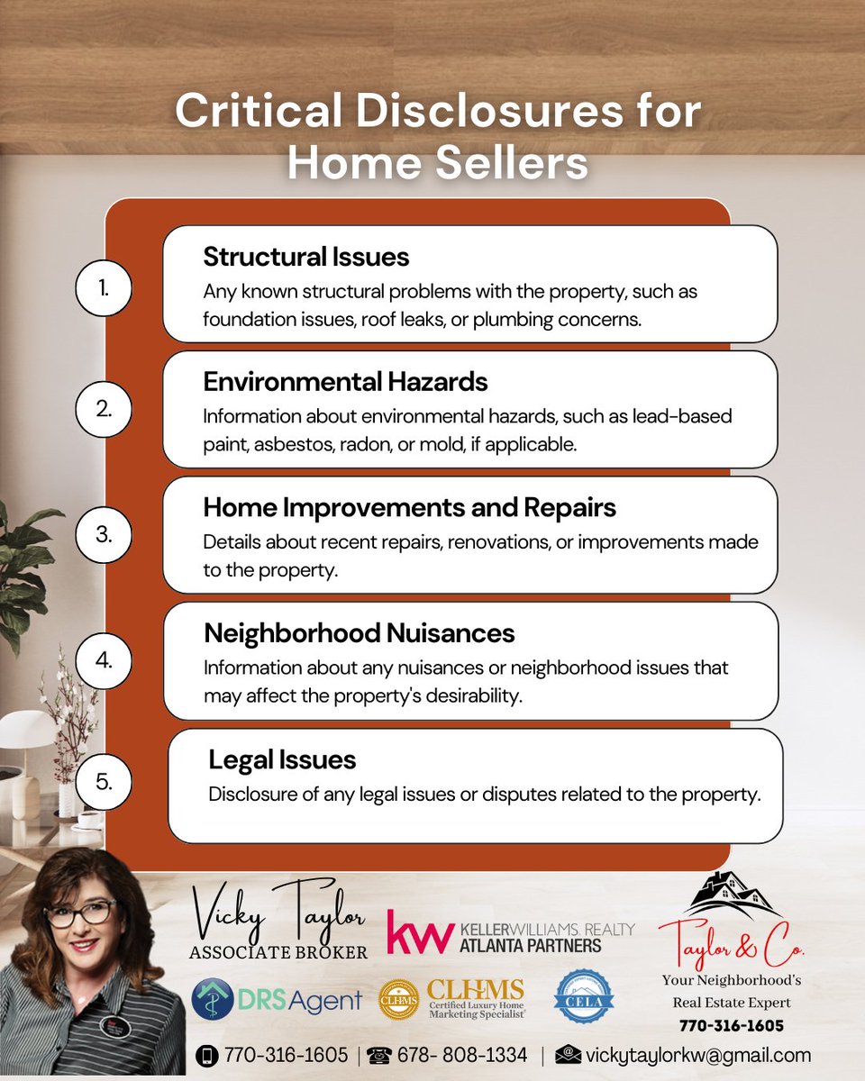 VTaylorRealtor's tweet photo. Transparency is key when selling your home. Ensure a smooth transaction by providing these critical disclosures.🏡✨
#TaylorAndCoRealty #KellerWilliamsNEATL #HomeSellingTips #RealEstateTransparency #DisclosureMatters #HonestHomeSelling #TrustworthyTransaction #RealEstateAdvice https://t.co/ASJ2lPG0tm