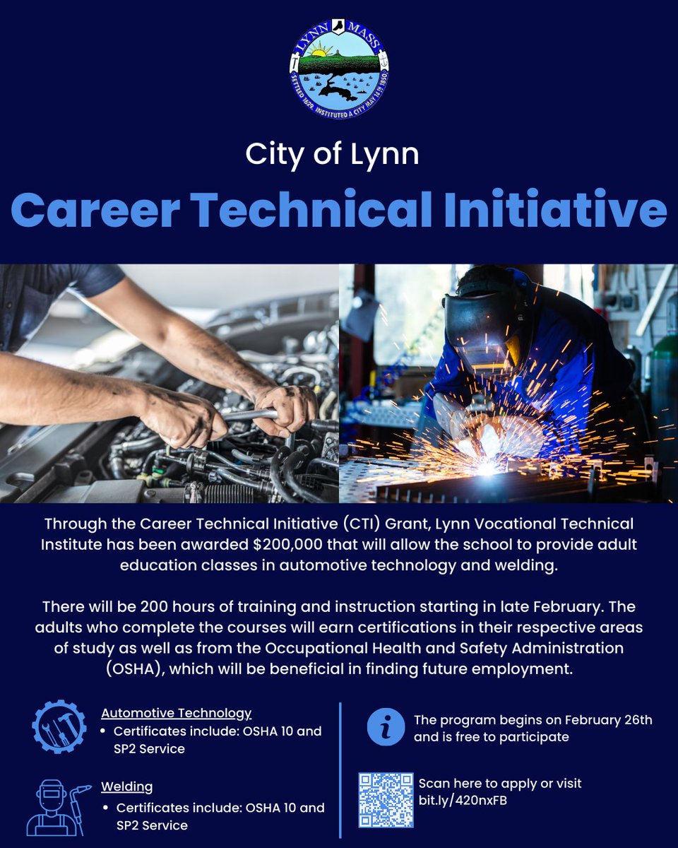 Participate in the City of Lynn's Career Technical Initiative!

Through the Career Technical Initiative (CTI) Grant, Lynn Vocational Technical Institute has been awarded $200,000 that will allow the school to provide adult education classes in automotive technology and welding.