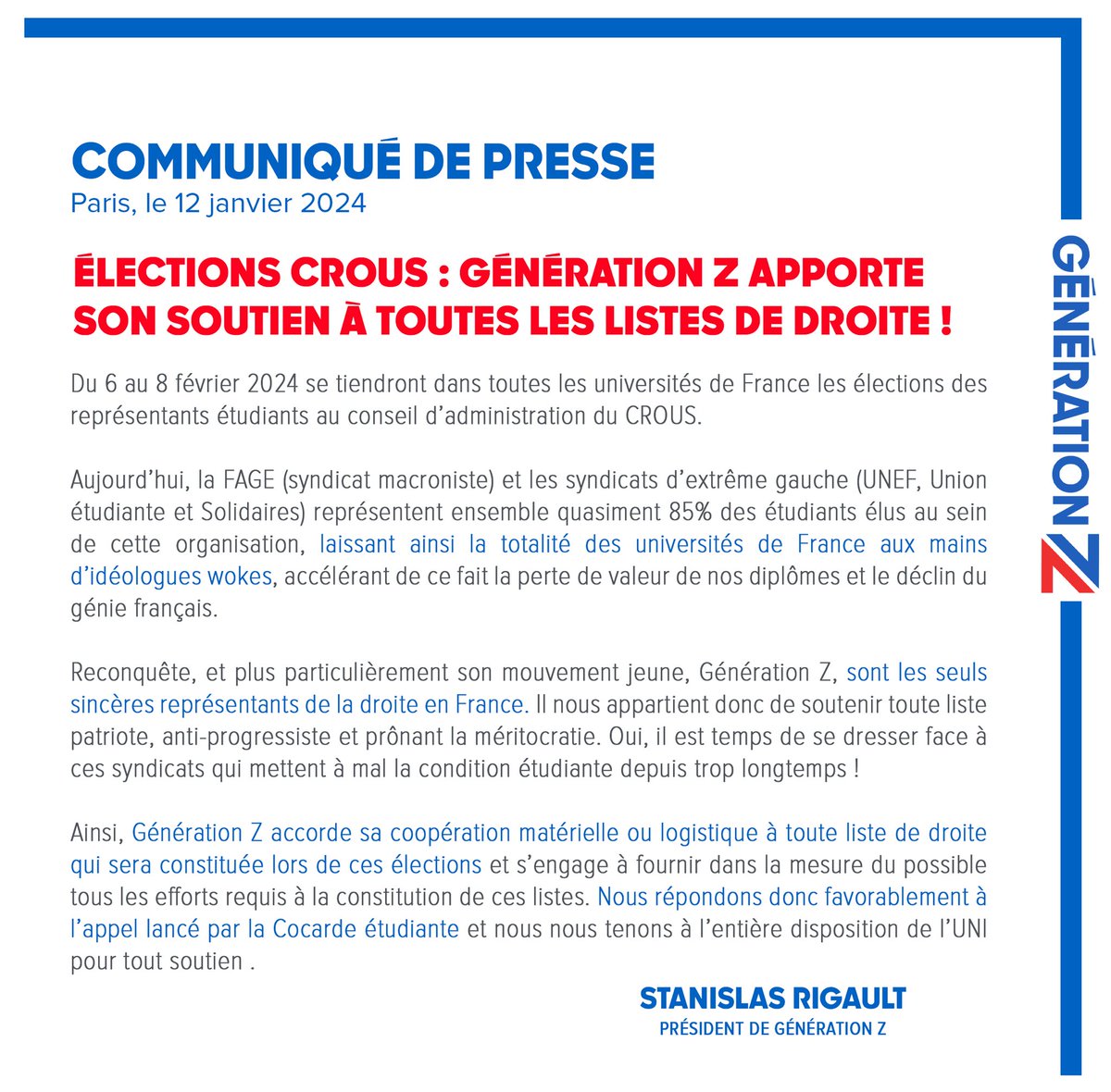 stanislasrig's tweet photo. 🗣️Face aux syndicats étudiants wokistes, @GenZemmour apportera son soutien à toute liste de droite aux élections des représentants étudiants au conseil d’administration du CROUS.
📝 Retrouvez mon communiqué ⬇️ https://t.co/epxxSsRkWH