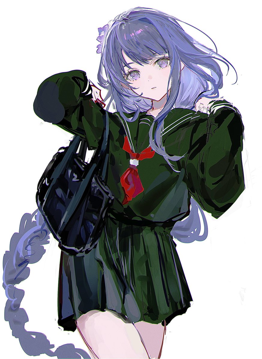 raiden shogun 1girl long hair solo purple eyes purple hair school uniform bag  illustration images