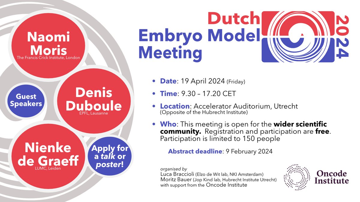 📢We are very excited to announce the second edition of the Dutch Embryo Model Meeting #DEMM24 

Are you working with embryo models such as 2D/3D #gastruloids or #blastoids?

Join our meeting and submit an abstract! 

oncodeinstitute.nl/events/dutch-e……
<a href="/oncodeinstitute/">Oncode Institute</a>