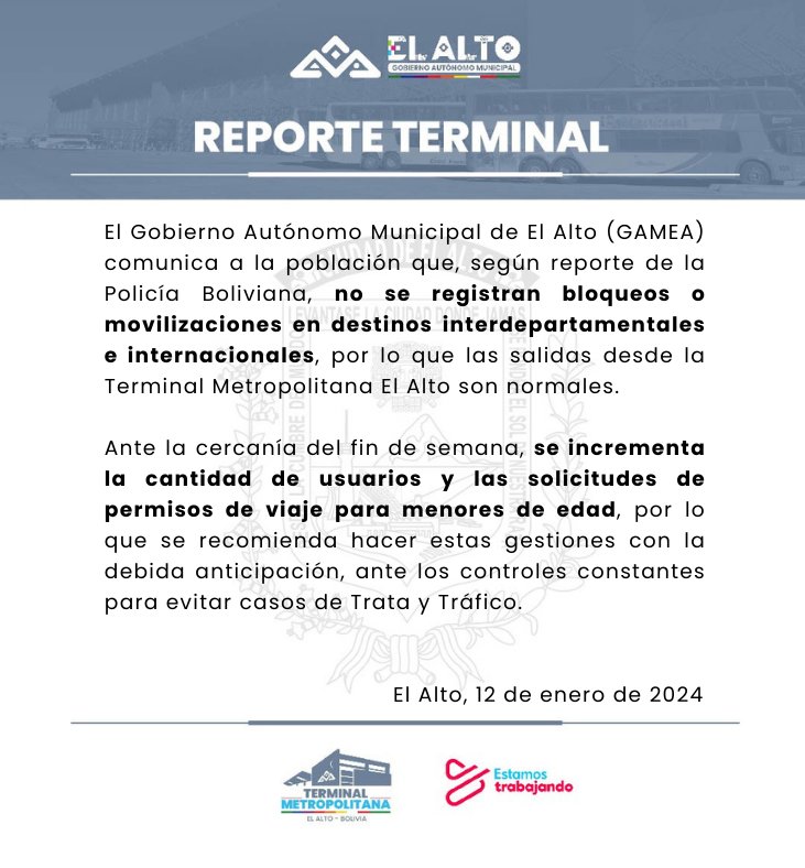 Terminal_Metro's tweet photo. 𝗥𝗘𝗣𝗢𝗥𝗧𝗘 𝗧𝗘𝗥𝗠𝗜𝗡𝗔𝗟  🚍

12 de enero de 2024

#EstamosTrabajando
#ElAlto 
#TerminalMetropolitanaElAlto 
#vacunacion 
#COVID19 https://t.co/SjowYBGt2B