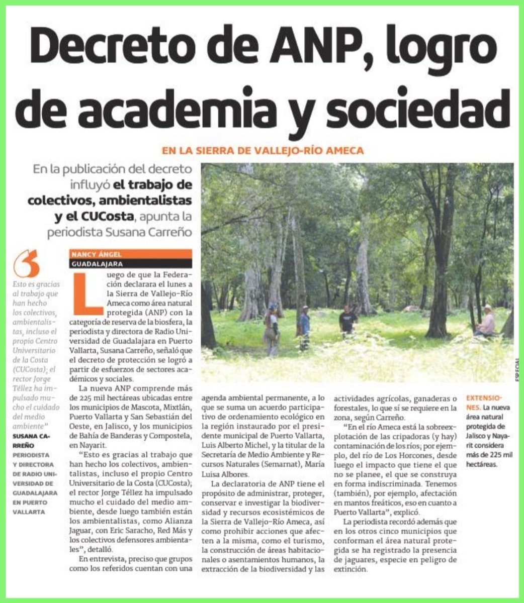 #ACTIVISTAS ✊🏞️📒
La creación de la nueva área natural protegida Sierra de Vallejo-Río Ameca se consiguió gracias al trabajo de especialistas de <a href="/CUCosta/">Centro Universitario de la Costa</a>, activistas ambientales como Eric Saracho y colectivos como Alianza Jaguar <a href="/AlianzaJaguar/">Alianza Jaguar A.C.</a> y Red Más.

📰 <a href="/NTRGuadalajara/">El Diario NTR Guadalajara</a>