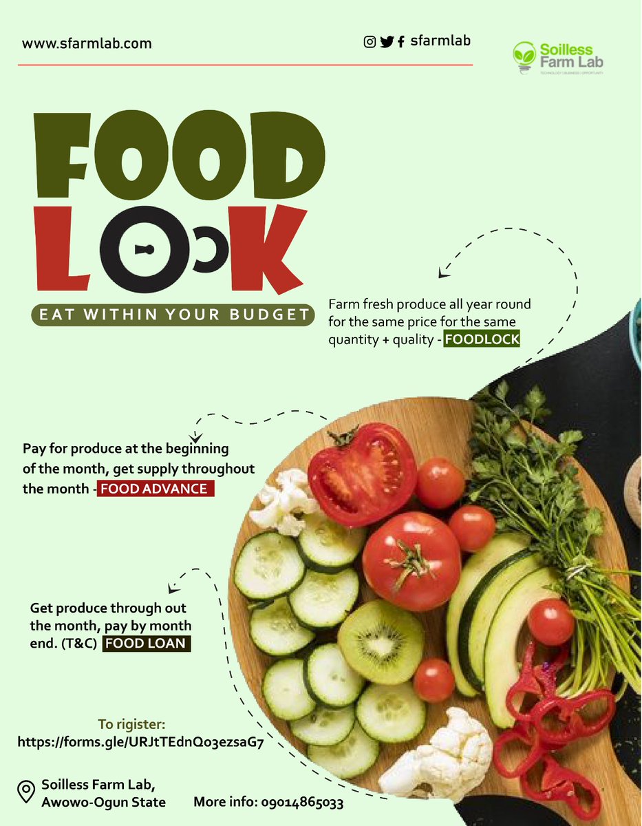 Samsonprolific's tweet photo. FOOD LOCK -
Get your farm fresh produce from the farm all through 2024 for the same price, the same quality, and the same quantity.
Need more info?:
09014865033
#Sfarmlab #FoodLock #FoodAdvance #FoodLoan #SoillessFarmLab #EupepsiaPlaceLimited #FarmerSamson #TheWizardFarmer https://t.co/aeEpo0xF6n