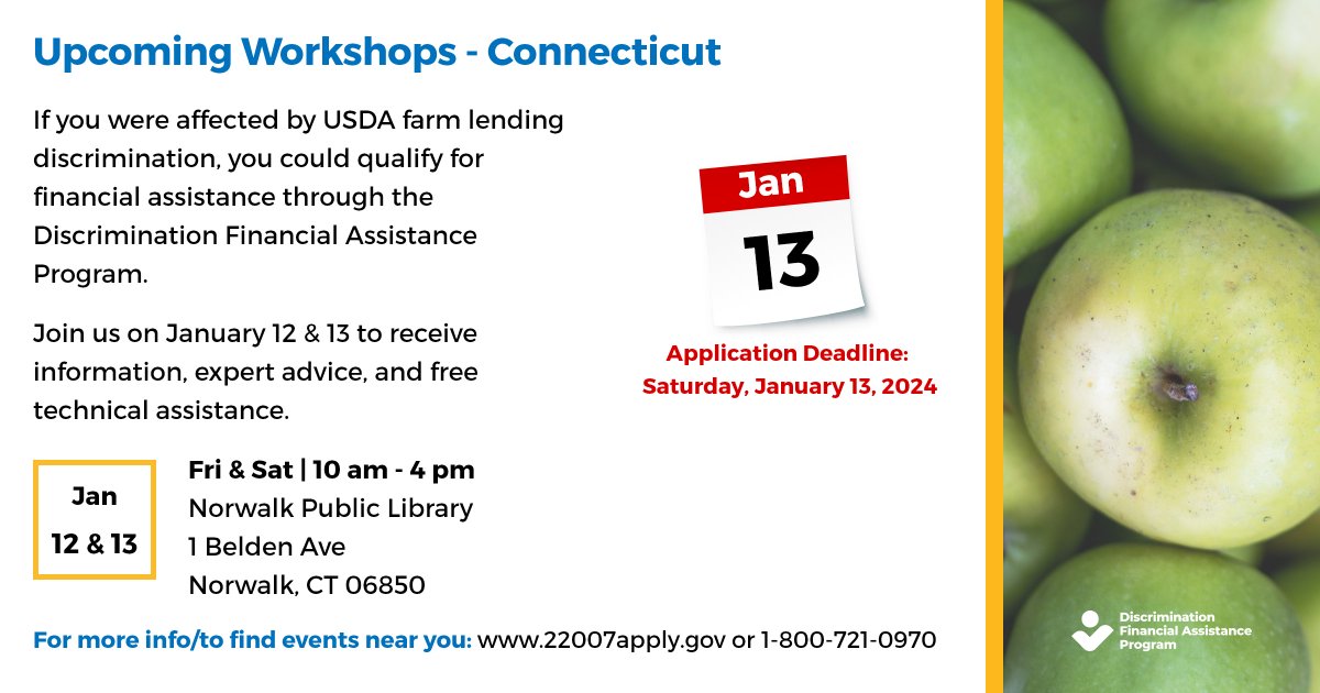 Here are some upcoming events to learn more about the Discrimination Financial Assistance Program. Farmers and ranchers who experienced discrimination in USDA farm lending can apply for financial assistance. The application process is free, &amp; you do not need an attorney to apply.