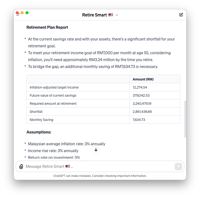 azrulrhm's tweet photo. 🤖 Retire Smart 🇲🇾 - The smartest, most comprehensive GPTs-based AI retirement planner for Malaysians! well, that's the plan anyway 😅

It analyses where you are now and prepares a plan for you.

https://t.co/R3asscjQOC

The plan will evolve, but for now, I want to give it as much local context as I can and have it run as many useful calculations as it can.

Enjoy!

Bookmark this post for updates.