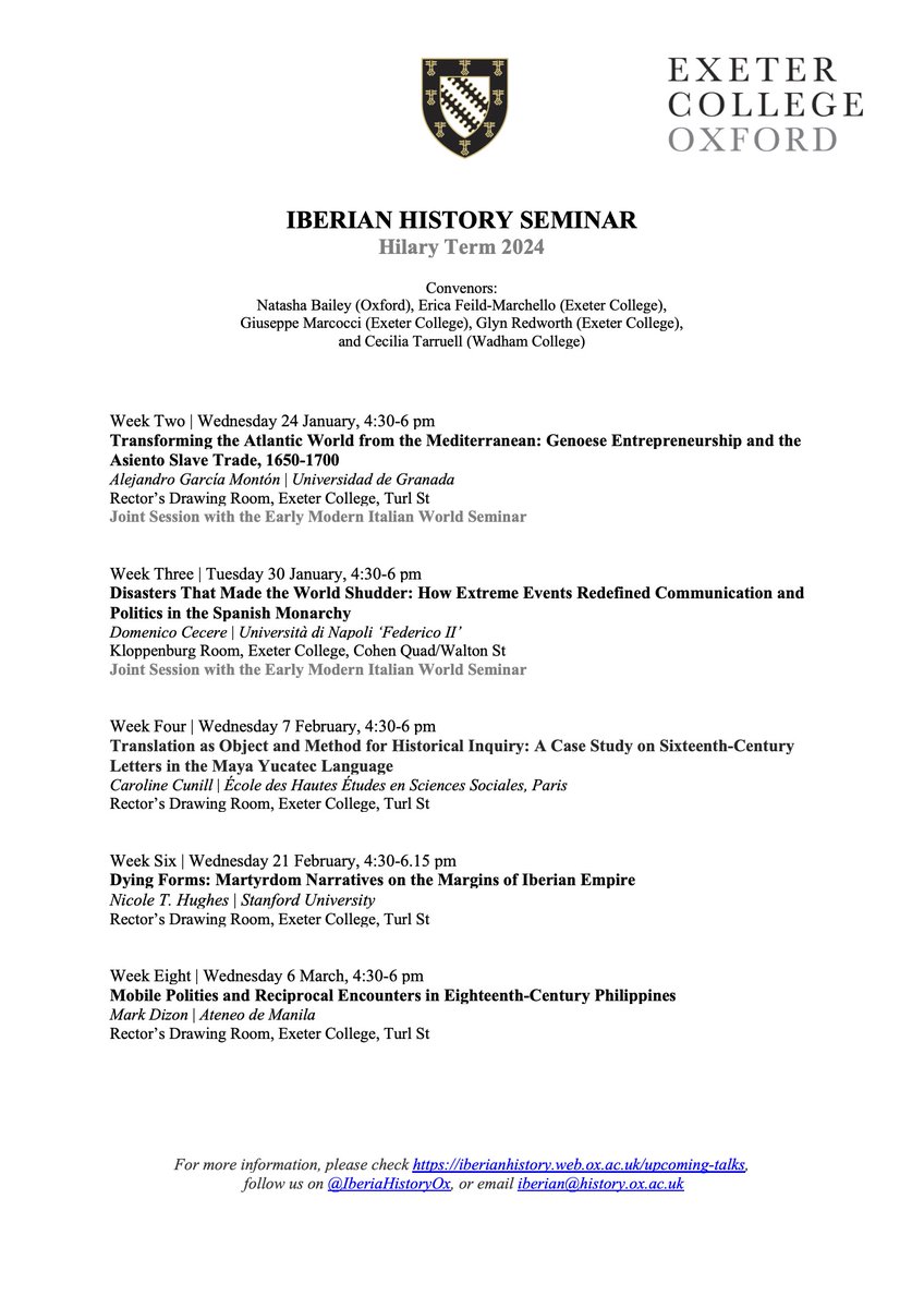 Welcome to another term of Oxford's Iberian History Seminar! We're delighted to share this new programme with you. For details: iberianhistory.web.ox.ac.uk/iberian-histor… @OxfordHistory @oxfordglobhist @ItalianHistOx @LACOxford @OxfordSpanish @TORCHOxford @OxMedStud @ExeterCollegeOx