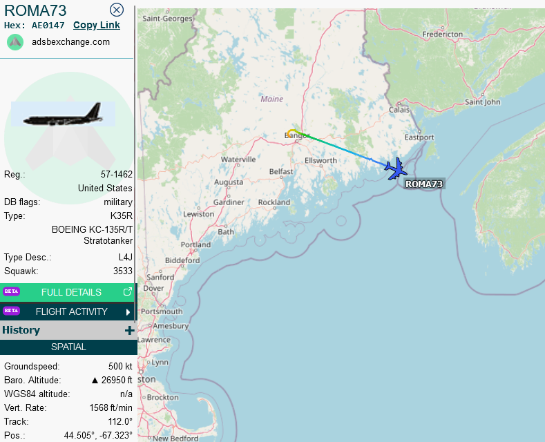 SirListenalot's tweet photo. #KC135 #AE0147 #ROMA73 out of Bangor looking for a rendezvous (at 50W?) with KC135 #ROMA72 plus chicks. https://t.co/IOcFBhdelN