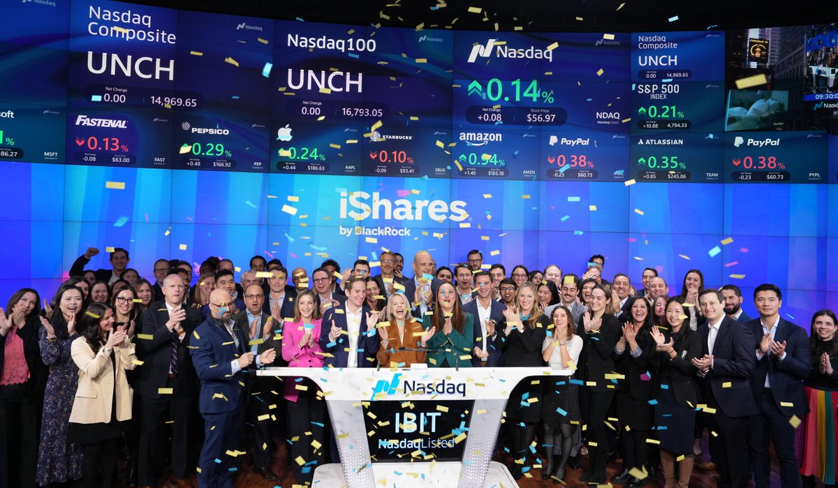 Yesterday we celebrated the launch of iShares Bitcoin Trust ETF - #IBIT at @Nasdaq alongside our @coinbase partners, including @emiliemc! This partnership and #IBIT expands access to bitcoin investing & we can't wait to see what's next. Learn more: bit.ly/48vIpHk