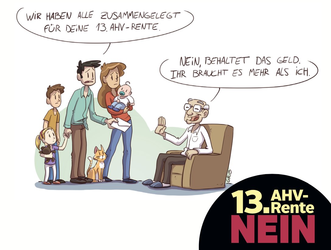 Eine 13. AHV-Rente nach dem Giesskannenprinzip macht keinen Sinn. Fast 90% der zusätzlichen AHV-Renten würden zu Rentnern fliessen, die nicht darauf angewiesen sind. Die zusätzlichen Mrd. müssten Erwerbstätige &amp; Konsumenten über höhere Lohnbeiträge &amp; Mwst. zahlen. Ist das sozial?