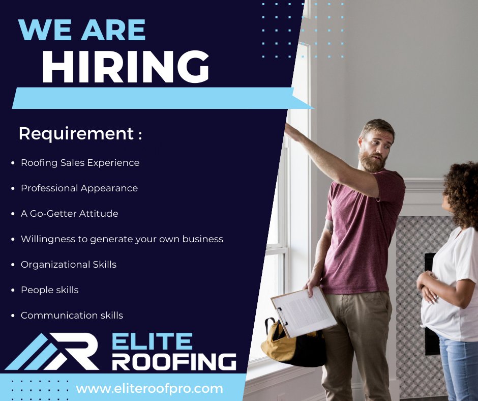 Calling all roofing sales pros! 📣 Are you ready to reach your FULL potential? Look no further than Elite Roofing LLC, the fastest growing Storm Restoration company in Texas! 💨🚀 Don't wait any longer, join the Elite family today! 💪 #EliteRoofing #SalesOpportunity #NowHiring