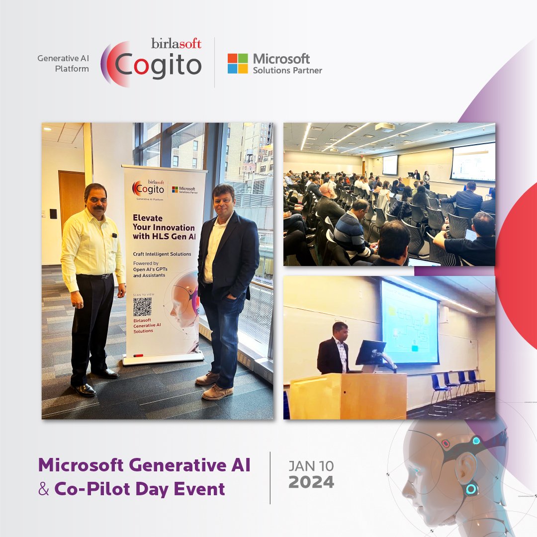 birlasoft's tweet photo. A big thank you to all who joined Birlasoft at the exclusive Microsoft Generative AI and Co-Pilot Day event on January 10th, 2024!

Cheers to staying ahead with Generative AI! Visit our Birlasoft Cogito Platform - Shaping Tomorrow: Birlasoft's Lead in the Generative AI Revolution. https://t.co/ZD6S43HgN2 

#Birlasoft #MicrosoftEvent #HLS #CoPilot #GPT4Turbo #InnovationJourney #GenerativeAI