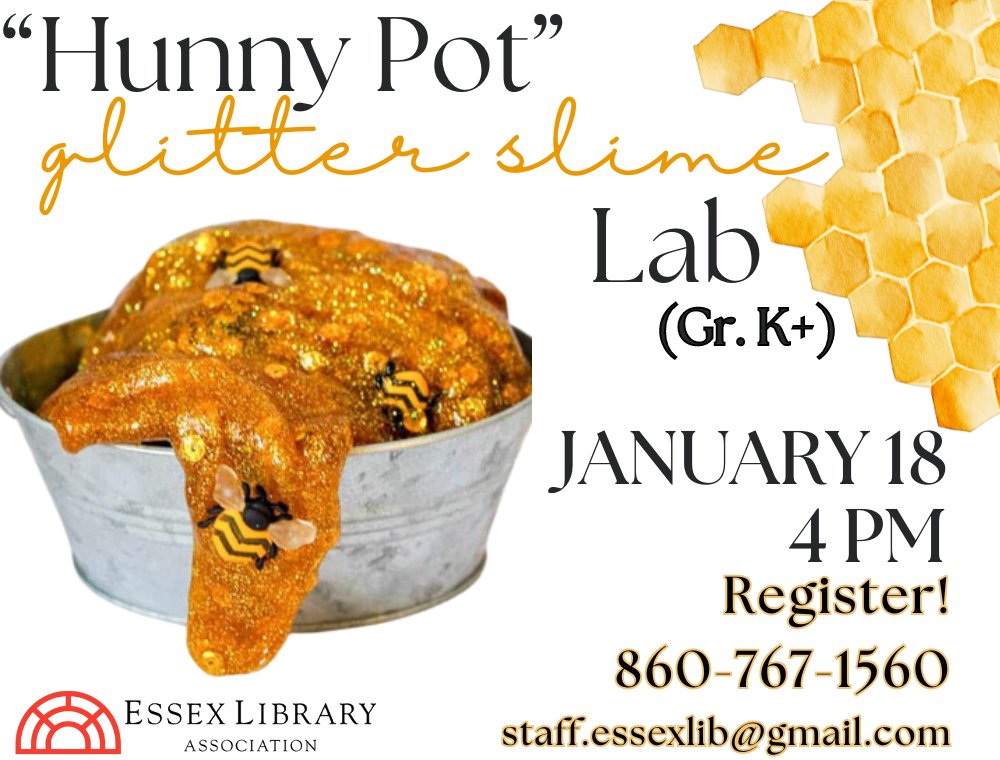 Next Week! 'Hunny Pot' Glitter Slime Lab (Gr. K+)
January 1-8, 4 PM
You’re never too old to celebrate Winnie the Pooh Day!
Register! 860-767-1560
🍯👩‍🔬🐻🍯👩‍🔬🐻🍯👩‍🔬🐻
#slime #satisfying #slimes #slimetutorial  #science #nonnewtonianfluid #experiment #library