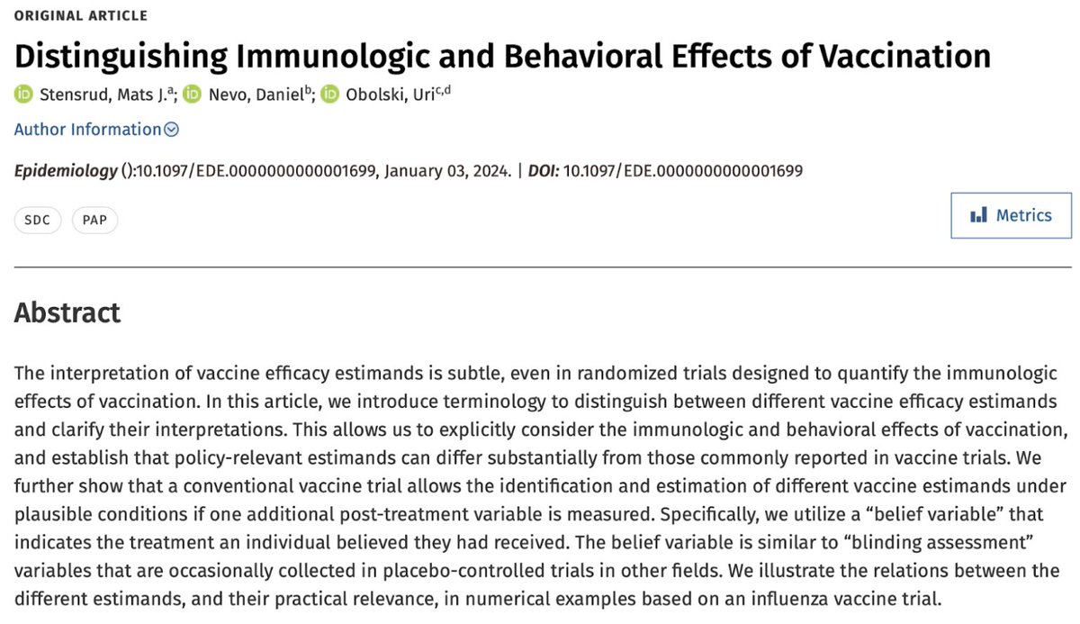 Daniel Nevo (@danielnevo) on Twitter photo Excited to share our (with @mats_julius & <a href="/UriObolski/">Uri Obolski</a>) latest work in <a href="/EpidemiologyLWW/">Epidemiology</a>!
We study the subtleties of vaccine efficacy in placebo controlled trials, distinguishing between immunologic and behavioral effects. 🧵👇
journals.lww.com/epidem/fulltex…
#VaccineEfficacy #EpiTwitter Excited to share our (with @mats_julius & <a href="/UriObolski/">Uri Obolski</a>) latest work in <a href="/EpidemiologyLWW/">Epidemiology</a>!
We study the subtleties of vaccine efficacy in placebo controlled trials, distinguishing between immunologic and behavioral effects. 🧵👇
journals.lww.com/epidem/fulltex…
#VaccineEfficacy #EpiTwitter