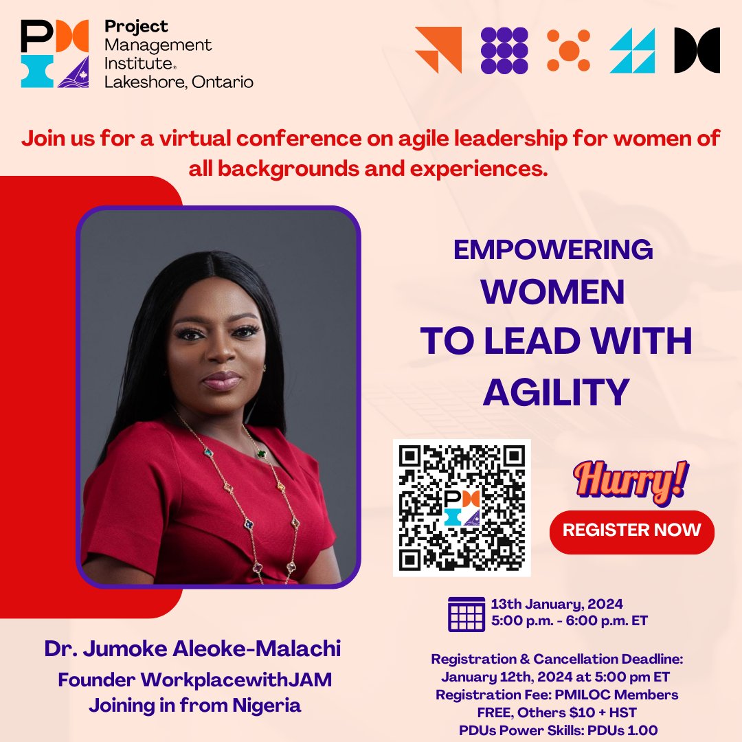 ⏰ Last chance! Register today for our Agile Leadership webinar on Jan 13th, 5-6 pm EST, with Dr. Jumoke Aleoke-Malachi. It's free, and you can earn 1.00 PDU. Don't miss this opportunity! 🏃‍♀️

#ProjectManagement #AgileWomenLeadership #InspireTeams #PMILOC