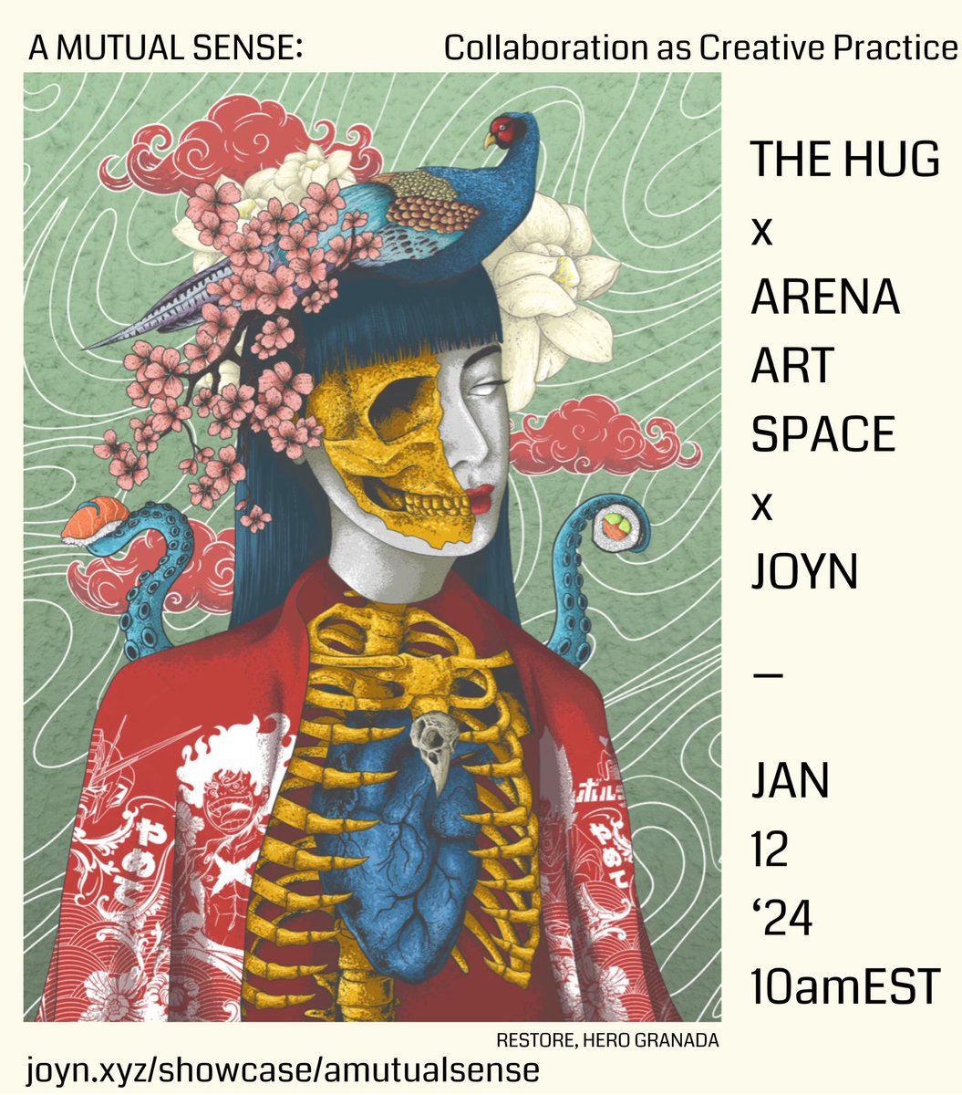 A MUTUAL SENSE: Collaboration as Creative Practice is live!

<a href="/thehugxyz/">JJ</a> x <a href="/joynxyz/">Joyn</a> x <a href="/arenaartspace/">Arena 🔺 Art Space</a> 

featured poster image by <a href="/GranadaHero/">Hero Granada 🇵🇭</a> 

Check out all of the incredible works here:

joyn.xyz/showcase/Amutu…

…
#joyn #thehug #arenaartspace