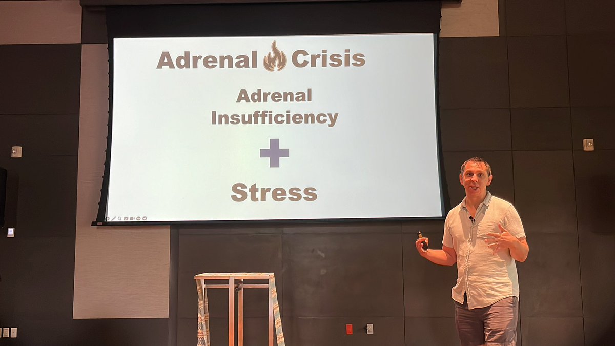 DeeOptimal's tweet photo. @ZackRepEM #resusfest
Adrenal crisis defined as adrenal insufficiency in the presence of a stressor.
MCC is steroids prescribed. Ex. 5mg/day on prednisone… 1 month to be deficient… but High dose like 40mg/day, steroid source will be depleted in a week!! https://t.co/FsKiEiBr0m
