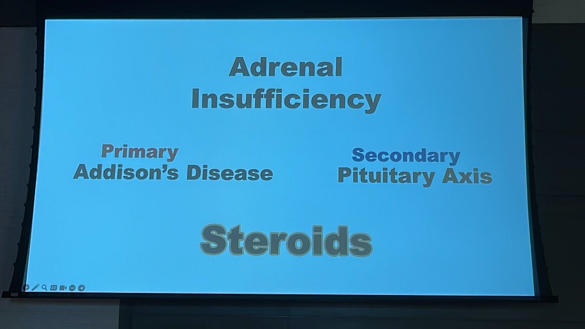 DeeOptimal's tweet photo. @ZackRepEM #resusfest
Adrenal crisis defined as adrenal insufficiency in the presence of a stressor.
MCC is steroids prescribed. Ex. 5mg/day on prednisone… 1 month to be deficient… but High dose like 40mg/day, steroid source will be depleted in a week!! https://t.co/FsKiEiBr0m
