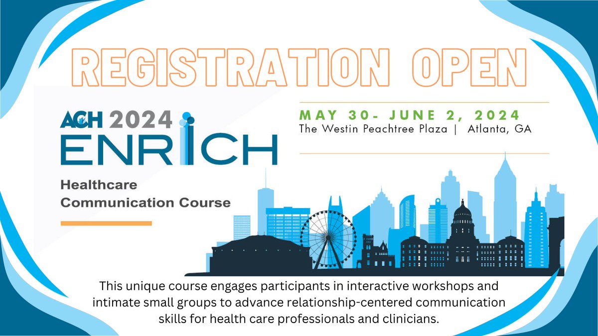 ACHonline's tweet image. #ENRICH2024 Registration is open! We are meeting in Atlanta, GA, for our healthcare communication course this year. Engage in interactive workshops &amp;amp; small groups to advance your #communicationskills. Great way to start your communication skills journey! achonline.org/ENRICH2024