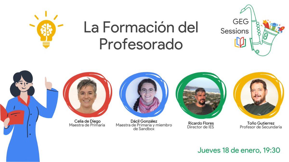 No te pierdas el próximo jueves 18 de enero la segunda #GEGSession 🎷del curso “La Formación del Profesorado” con nuestros invitad@s <a href="/acercatepro/">Toño Acércate Formación Profesores</a>, <a href="/dacilgonz/">Sita Dácil</a> , @R_F_Mont y @ddmcelia2 en transformacioneducativa.es/posts/46033132…