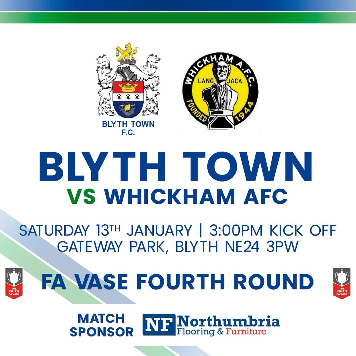 𝙏𝙊𝙈𝙊𝙍𝙍𝙊𝙒

It's a MASSIVE day for the club as play in the fourth round of the FA Vase for the first time in our history, the visitors to Gateway Park, Whickham FC

We are hoping for a BIG crowd so please share!

Match Sponsor Northumbria Flooring and Furniture