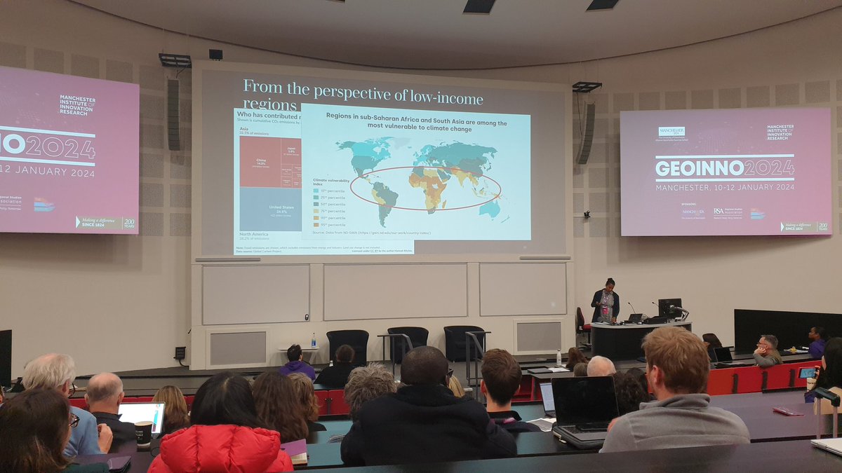 Erika Kraemer-Mbula warns at #GeoInno2024: low-income regions contribute least to emissions, yet are hit hardest by #ClimateChange. This creates a unique challenge to manage #TwinTransition of green and digital structural change - new solutions to harness synergies are needed.