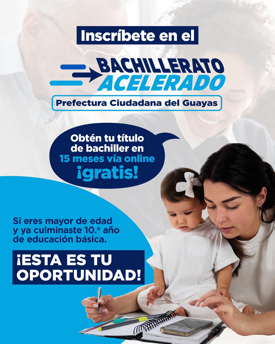 PrefGuayas's tweet photo. 📚¡No dejes pasar esta oportunidad y sé parte de nuestro programa #BachilleratoAcelerado! 👨🏻‍🎓👩🏻‍🎓

Inscríbete, estudia y obtén tu título de bachiller en tan solo 15 meses. La modalidad es totalmente online y ¡gratis! 💯

✅ Quedan pocos cupos.

#GuayasSeMueveAlCambio 👨‍💻 https://t.co/jxL4KaR3T2