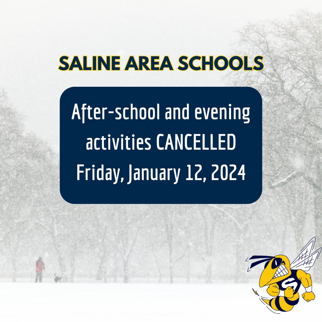 Afternoon and evening extracurricular activities will be cancelled today, Friday, 1/12. Events on Saturday, 1/13 and Sunday, 1/14 are scheduled to continue, however, please check in with your coach/advisor/department before making the trip.