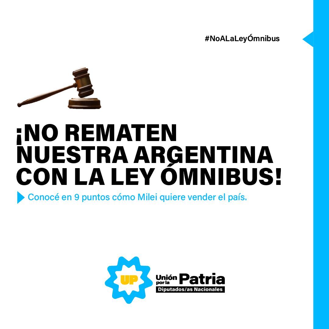 passomarcela's tweet photo. #NoALaLeyÓmnibus ✋🏼

La Ley Ómnibus que quieren aprobar a toda velocidad, nos lleva derecho a chocar la Argentina:

❗️ Quieren gobernar por decreto.
❗️ Pretenden vender las empresas estatales entregando la soberanía. 
❗️Descontrolan la economía en favor de los ricos.   (Sigue👇) https://t.co/6WEzZCfKYH