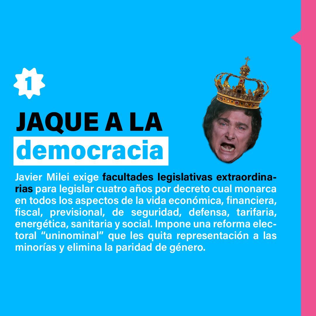 passomarcela's tweet photo. #NoALaLeyÓmnibus ✋🏼

La Ley Ómnibus que quieren aprobar a toda velocidad, nos lleva derecho a chocar la Argentina:

❗️ Quieren gobernar por decreto.
❗️ Pretenden vender las empresas estatales entregando la soberanía. 
❗️Descontrolan la economía en favor de los ricos.   (Sigue👇) https://t.co/6WEzZCfKYH