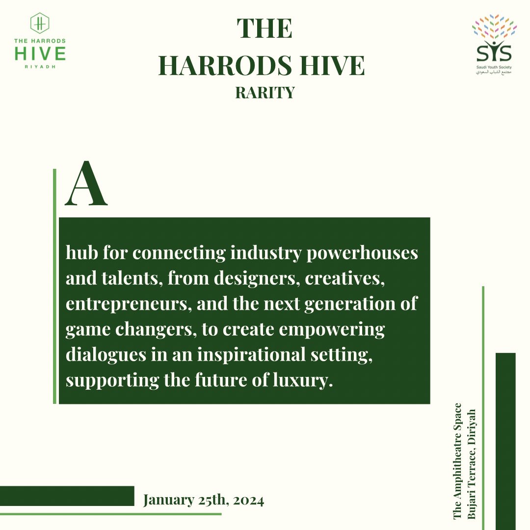 thesaudiyouth's tweet photo. After being held in Shanghai, Beijing, and Dubai, we are pleased to partner with @Harrods in hosting the Hive in Riyadh for the first time.

Get ready for an enchanting lineup of inspiring speakers led by award-winning designer @HatemAlakeel

To register: https://t.co/cg3eH7ZM0c https://t.co/TicnzxSbg8