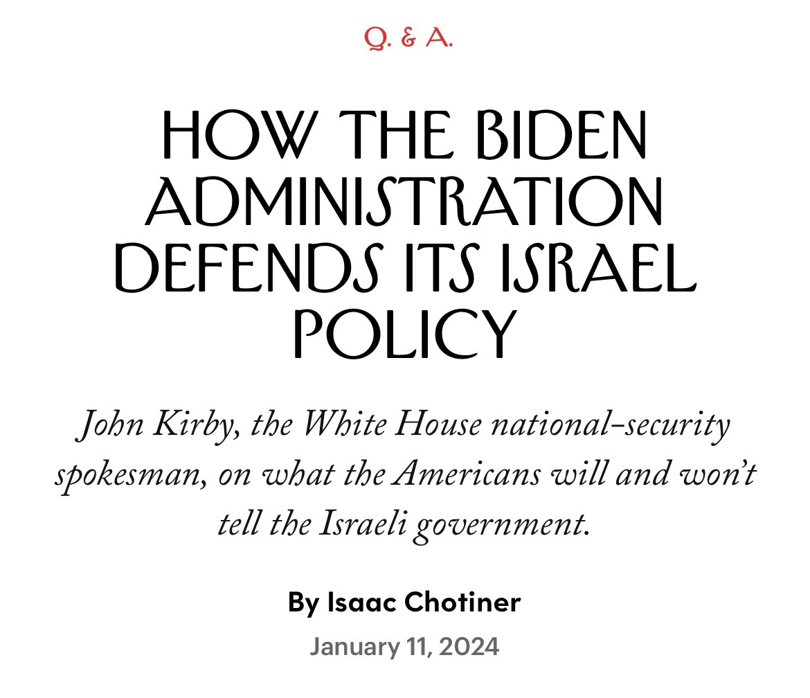 New Interview: I talked to Biden spokesman John Kirby about the administration’s Israel policy, whether he believes Israel is committing human rights violations, and what the administration will and will not tell the Israeli government. newyorker.com/news/q-and-a/h…