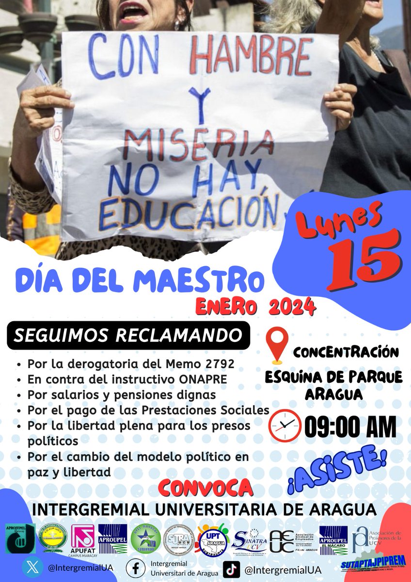 APUCV's tweet photo. El próximo #15Ene Día del Maestro, las clases serán en las calles porque con salarios de hambre no puede haber educación de calidad.

#UCV #Profesores #Venezuela #SalariosDignosYa #RescatemosElValorDelTrabajo https://t.co/Ds4j9FmAxn