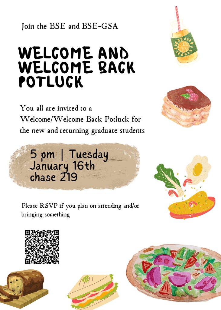 UNL BSE GSA (@unlbsegsa) on Twitter photo Please join the department of Biological Systems Engineering for our welcome back potluck dinner next Tuesday, January 16 at 5pm!
Sign up using the QR code below or via this link forms.gle/QCrAqntXAVwKGH…. <a href="/UNLincoln/">University of Nebraska-Lincoln</a> <a href="/NebEngineering/">Nebraska Engineering</a> <a href="/UNL_BSE/">Nebraska Biological Systems Engineering</a> <a href="/SantoshPitla/">santosh pitla</a> <a href="/Becky_Wachs/">Becky Wachs</a> Please join the department of Biological Systems Engineering for our welcome back potluck dinner next Tuesday, January 16 at 5pm!
Sign up using the QR code below or via this link forms.gle/QCrAqntXAVwKGH…. <a href="/UNLincoln/">University of Nebraska-Lincoln</a> <a href="/NebEngineering/">Nebraska Engineering</a> <a href="/UNL_BSE/">Nebraska Biological Systems Engineering</a> <a href="/SantoshPitla/">santosh pitla</a> <a href="/Becky_Wachs/">Becky Wachs</a>