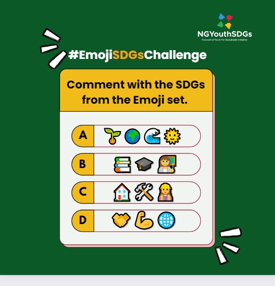 NGYouthSDGs's tweet photo. #TrickyOne🤔
Each emoji set represents the #SDGs. Can you decode and match the emojis to the correct #SDGs?
a. Ans. Climate Action - SDG 13.
Drop your guesses for B, C,D in the comments🤩
#EmojiSDGsChallenge #NGYouthSDGs #GlobalGoalsPuzzle
#Youthled https://t.co/lVddbhsqOG
