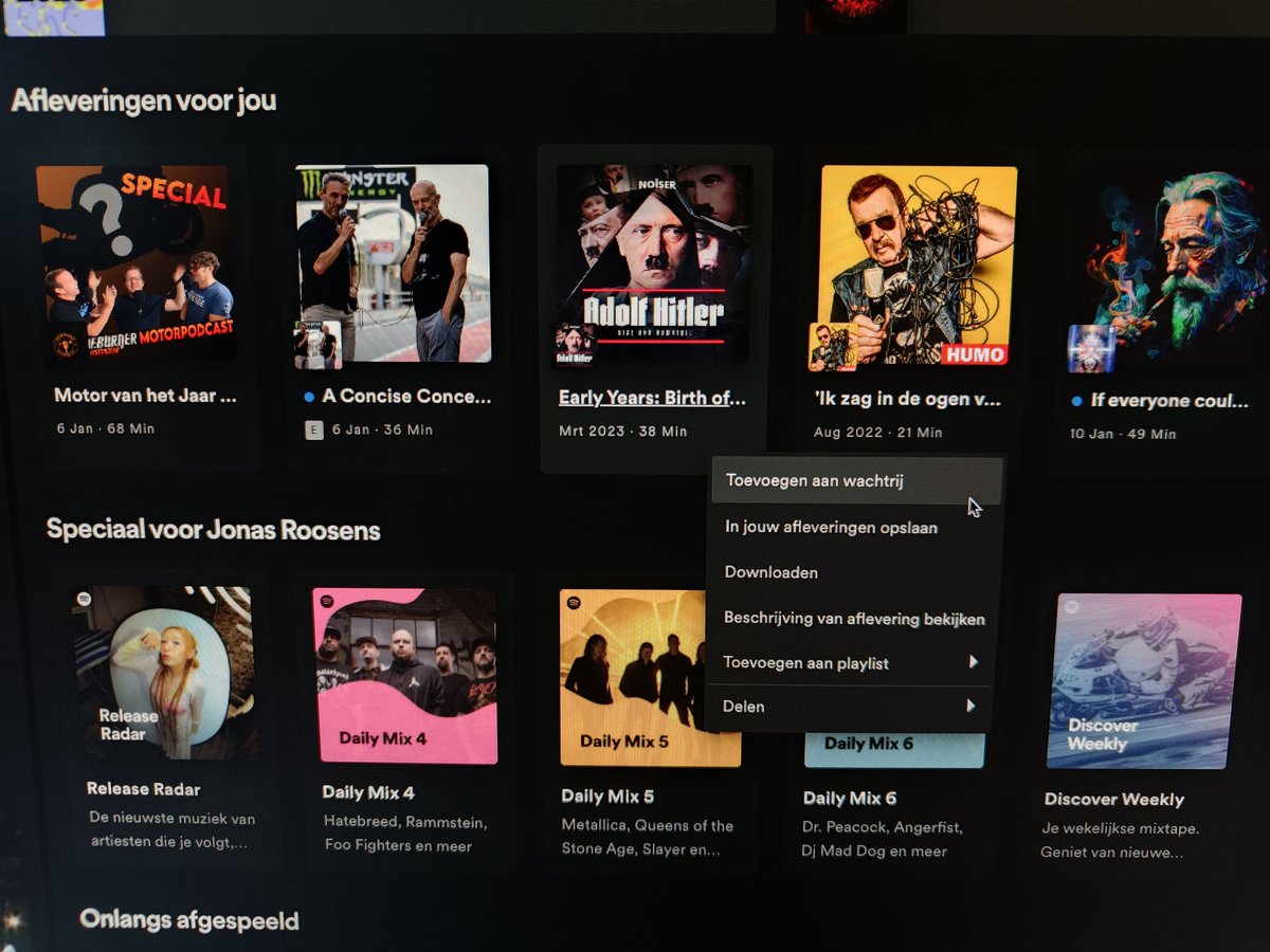 Why, <a href="/Spotify/">Spotify</a>, am I forced to look at the face of this man, without an option to remove this episode -which I never sought after or have any interest in- from the suggestions. This home screen could use a lot more customisation tools. #spotify #adolfhitler