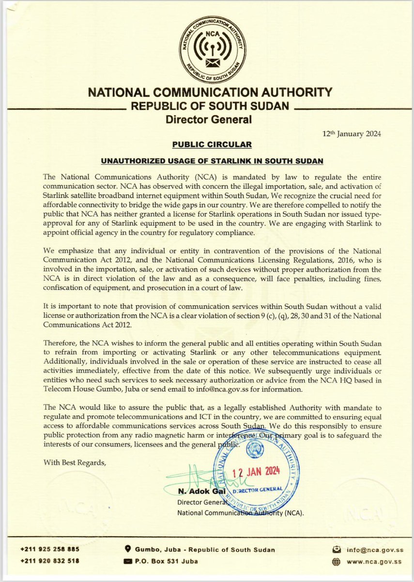 AdokGai's tweet photo. I want to warn users of Starlink equipment to stop their operations as it is not permitted to use in South Sudan. This public circular issued by NCA @NcaSsd is a warning to operators of the consequences of harsh penalties and punishment  by the court of law of unlicensed and illegal activities.