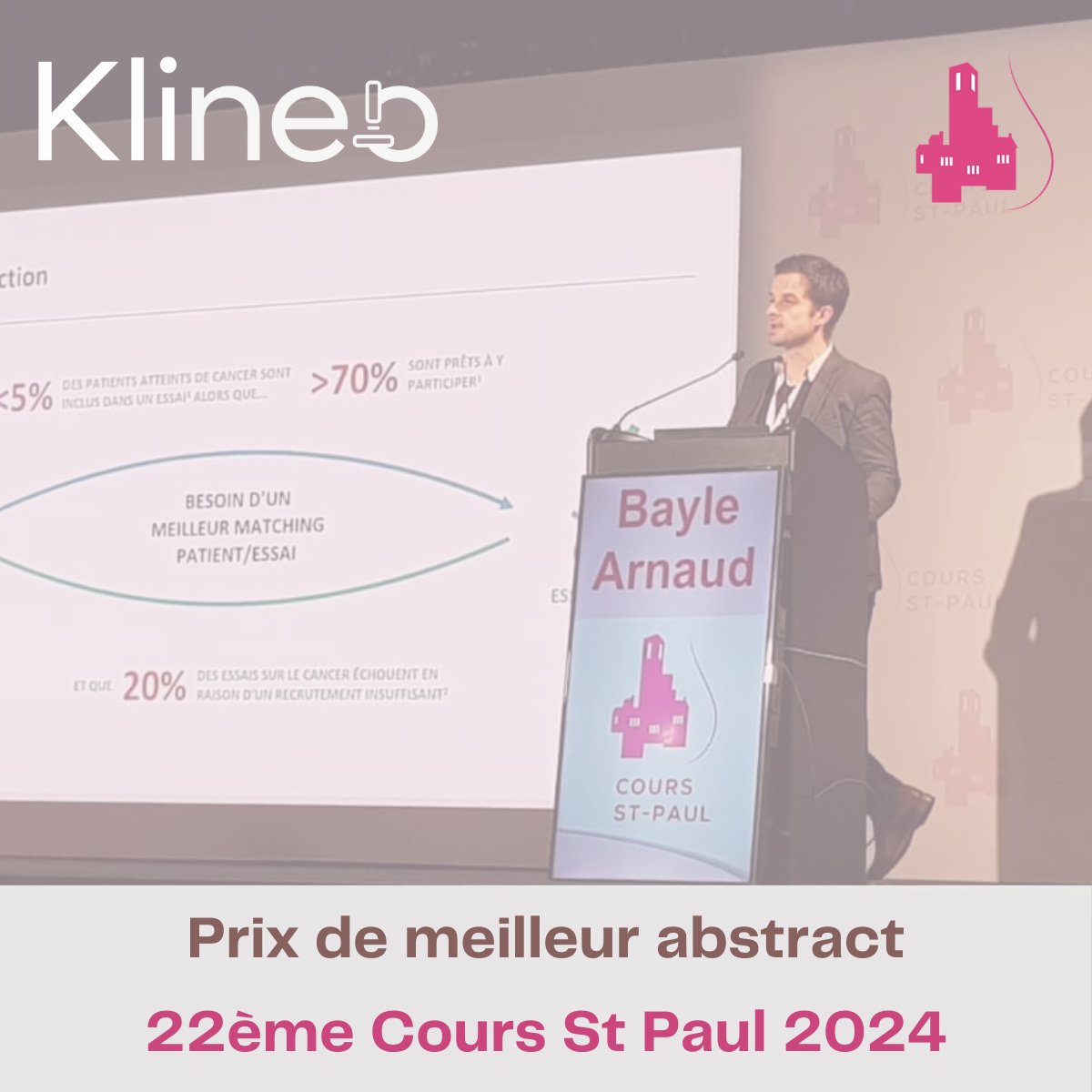 22ème Cours St-Paul Sein 2024 - 🏆Prix du meilleur abstract🏆

🙌Nous sommes très fiers d’avoir gagné le prix du meilleur abstract dans le cadre de notre plateforme permettant d’accéder aux #essaiscliniques dans les #cancers du sein triple négatif.

🔗app.klineo.fr