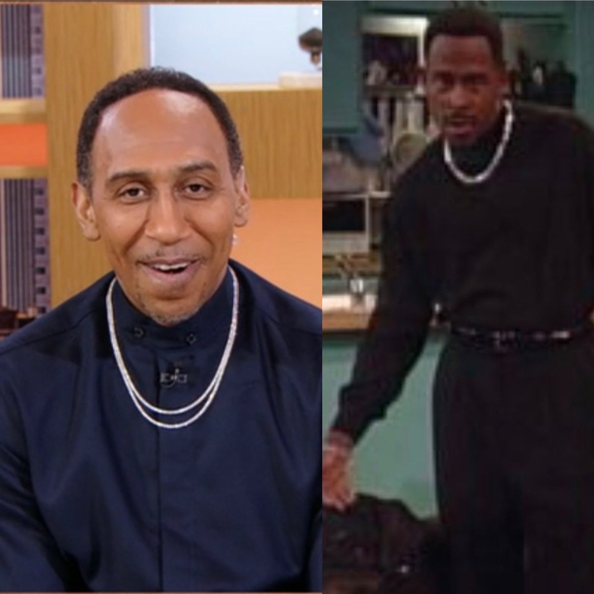 JeffGame86's tweet photo. Unk Steven A given me that Nino Brown vibe on today’s show ! Lets go unkkkk 😂😂😂😂 #TWOOOOCHAAAINNNESSS @espnfirsttake3  @Realrclark25 https://t.co/BWAFowPuON