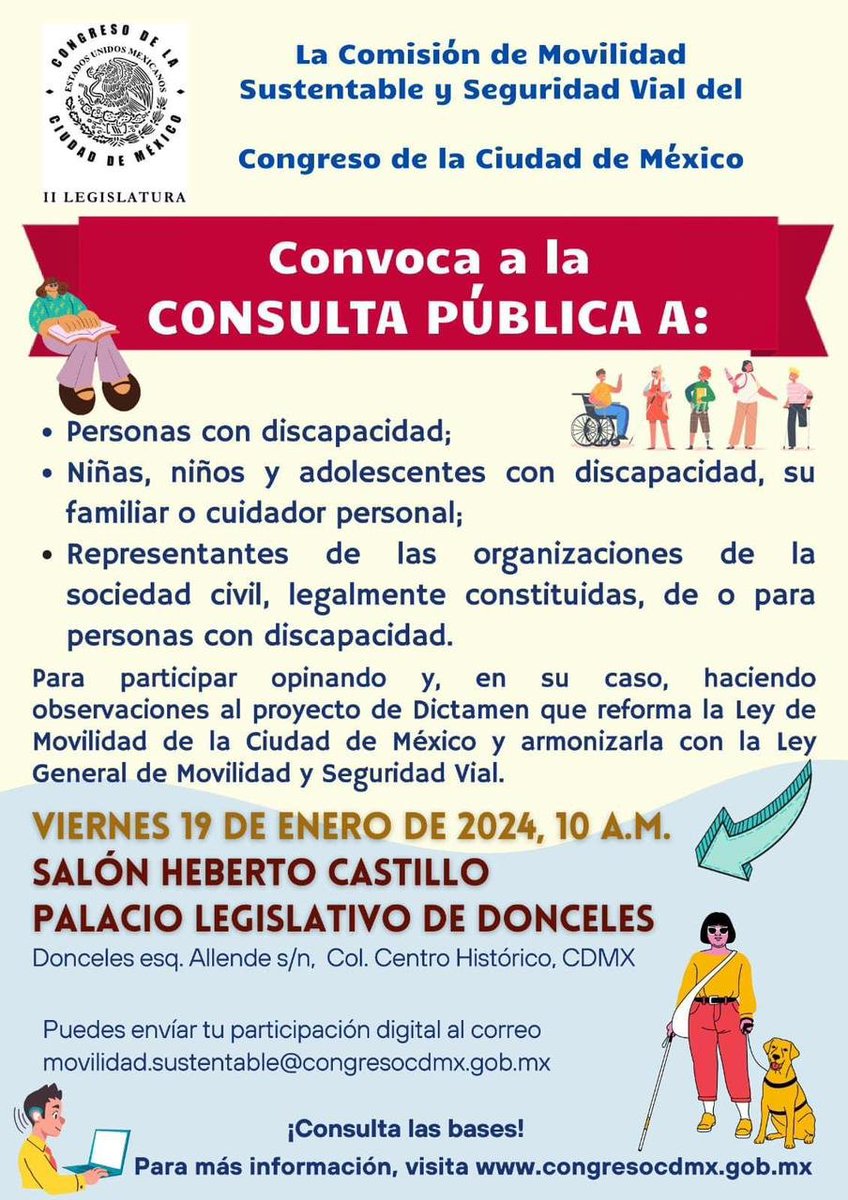 ¡Por fin! <a href="/Congreso_CdMex/">Congreso de la Ciudad de México</a> convoca a #PcD a consulta para armonización de Ley de movilidad con #LeyMovilidadSegura ¡La #accesibilidad es un DERECHO!