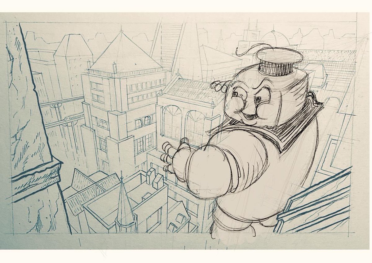 capogriso's tweet photo. Prospettiva aerea dall’alto. 

E tu, preferiresti vedere sotto di te #godzilla , Il mostro dei #ghostbusters #staypuft , #batman o nessun personaggio ma un #tratteggio crepuscolare?

Tecnica: matita su carta e digitale per i personaggi https://t.co/lrQSOttWGJ