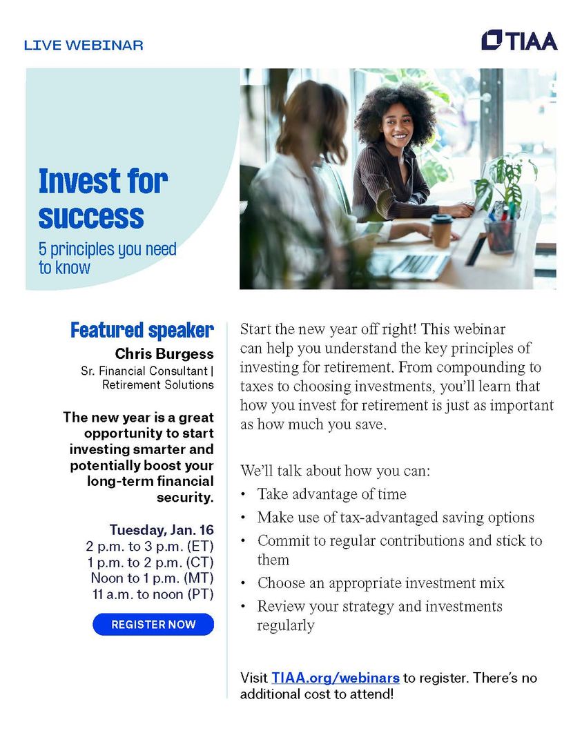 UARKHR's tweet photo. Start the new year off right! This free TIAA webinar from 1 to 2 p.m., Jan. 16, will help you understand the basics of investing for retirement.

Register at https://t.co/GtXM9b41JM. https://t.co/J0tDsH02gL