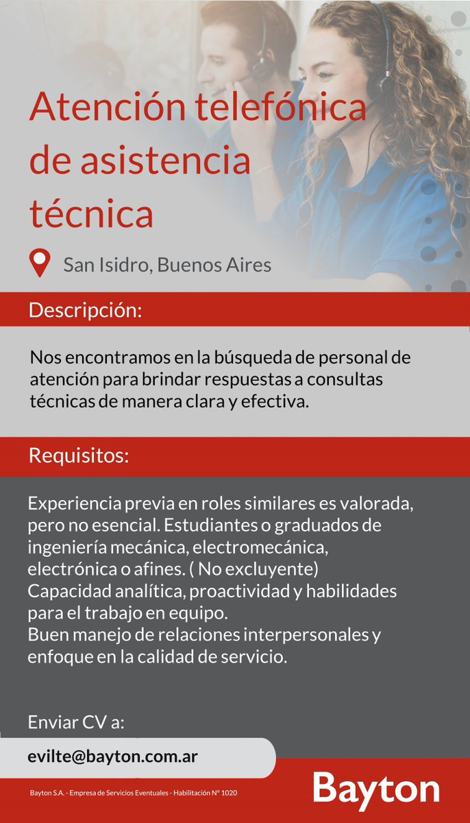 JobsBayton's tweet photo. 🚨 #BúsquedaLaboral #Empleos #trabajo 

Buscamos #AtenciónTelefónicaAsistenciaTécnica para importante empresa de servicios📍 Zona #SanIsidro #BuenosAires

👇 Podés postularte desde nuestro portal de empleos
https://t.co/Lr0QB1Jj3l https://t.co/BpIn2J3OnK