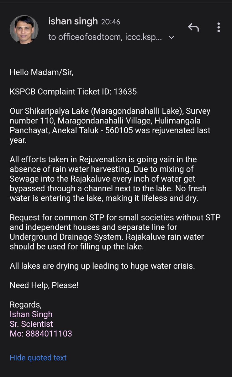 ShikaripalyaL's tweet photo. @osd_cmkarnataka @karnatakakspcb @DKShivakumar @siddaramaiah @NGCKarnataka @NGTribunal @BangaloreMirror @PIBBengaluru @KannadaPrabha @prajavani @Vijaykarnataka @VijayKarnatak @Namma_ECity @ecitycredence @BengaluruAgenda @FednOfBlrLakes @TOIBengaluru @THBengaluru @IEBengaluru Mail sent @osd_cmkarnataka 🙏🏼 https://t.co/5QEkpga5Tx