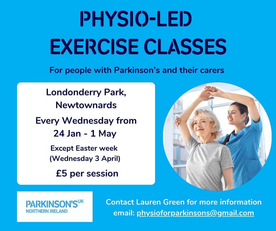🎉 NEW EXERCISE CLASSES 🎉 A new physio-led exercise class will start on Wednesday 24 January in Newtownards, and continue every week until Wednesday 1 May (except for Wednesday 3 April). To register and find out more please email Lauren Green - physioforparkinsons@gmail.com