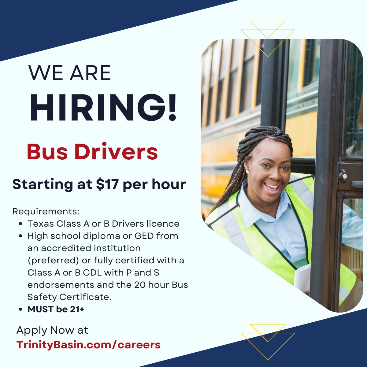 elleryhowarth's tweet photo. If you or anyone you know would be interested in driving a school bus, Trinity Basin is hiring!
Apply today at https://t.co/B5eVA1V4Je

#nowhiringDFW #busdrivers #trinitybasin https://t.co/tHkMop11B7