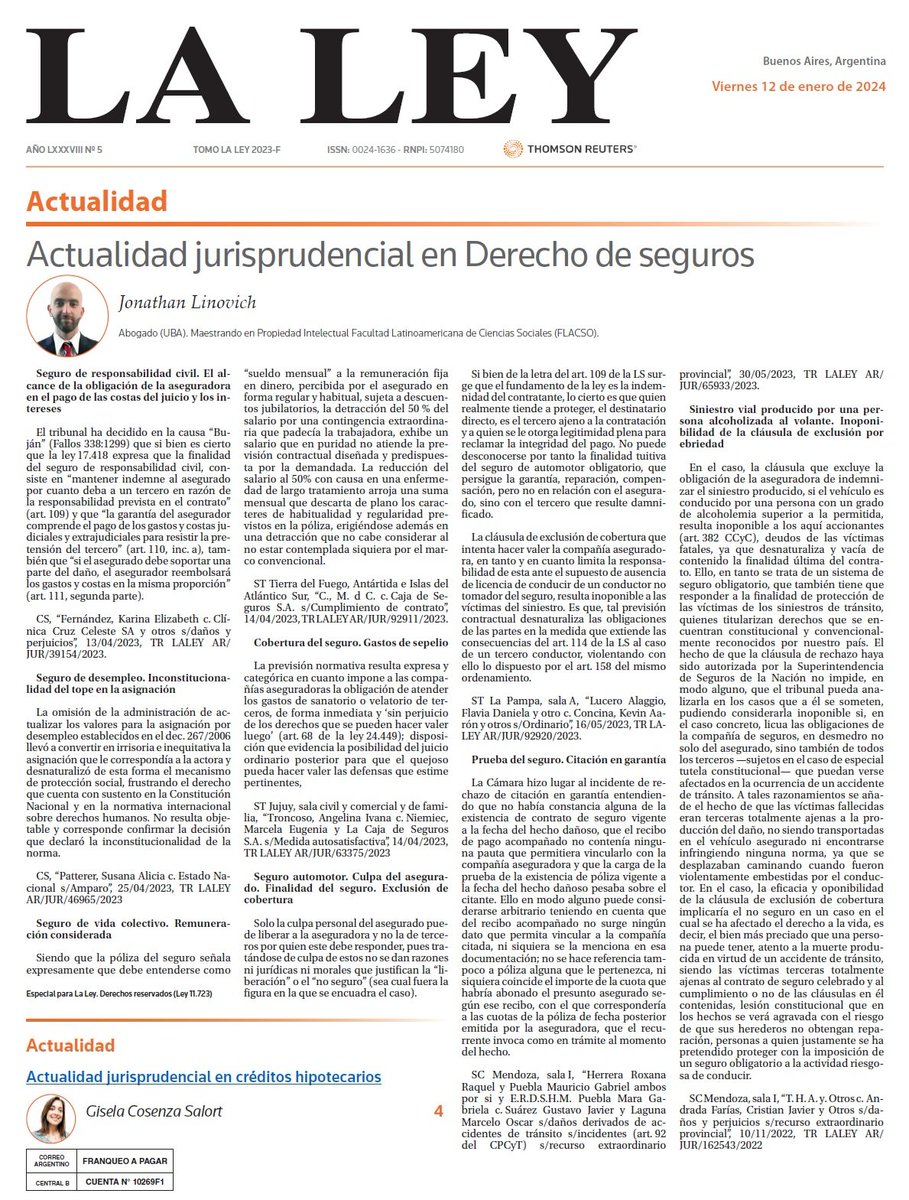 🗞️[𝗛 𝗢 𝗬 en el #DiarioLaLey ]                       

🔒''Actualidad jurisprudencial en Derecho de Seguros'' por <a href="/JLinovich/">Jonathan Linovich</a> 

🏠''Actualidad jurisprudencial en créditos hipotecarios'' por <a href="/CSGise/">𝒢𝒾𝓈𝑒𝓁𝒶 CS ن</a>