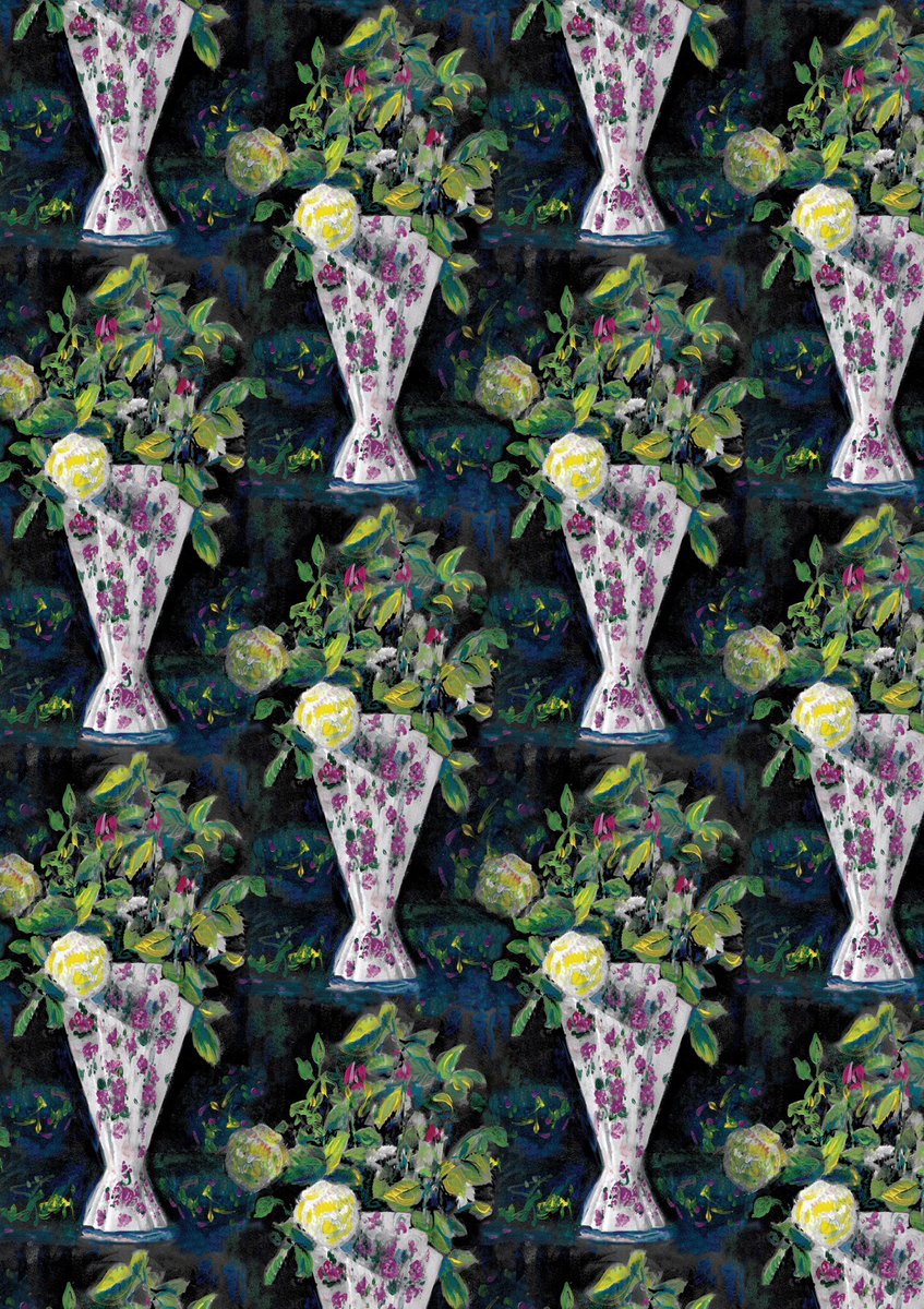 Art deco vase with flowers. Seamless repeat pattern. #patterndesign #licensedartist #fabriccompanies #surfacepatternjobs #surfacepatternlife #artlicensinginfo #vasepattern #patternpainting