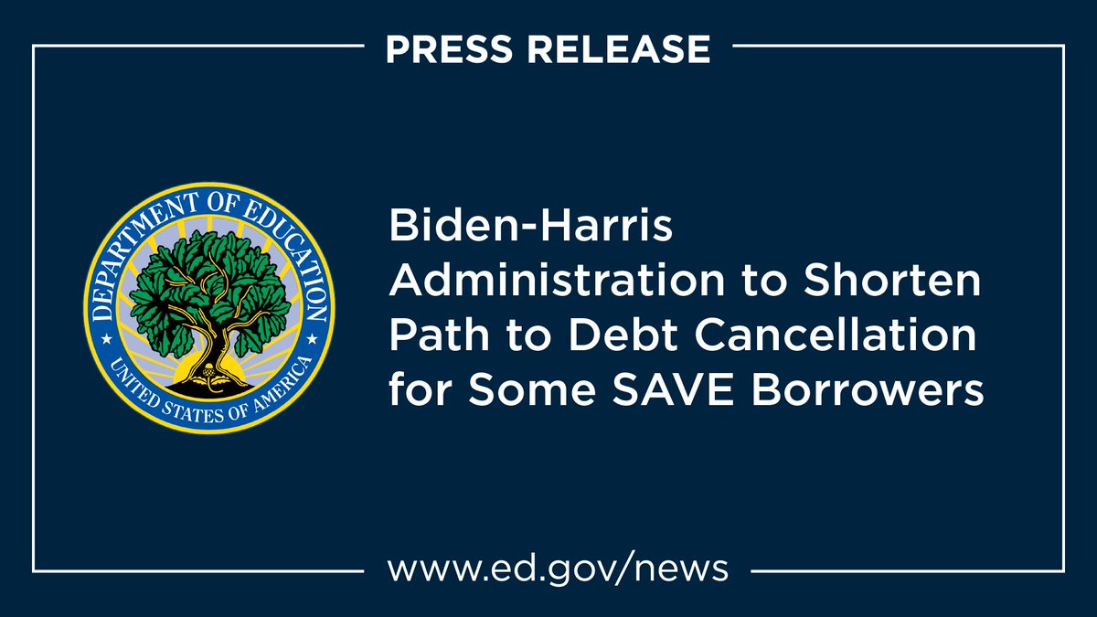 Today, the Biden-Harris administration is announcing an accelerated timeline toward forgiveness for borrowers enrolled in the Saving on a Valuable Education (SAVE) Plan. ed.gov/news/press-rel…

Learn what this means for you if you’re enrolled in SAVE (and if you’re not, learn