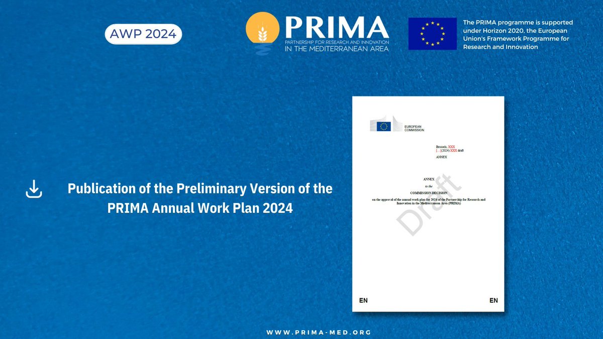 📢Avviso importante per la ricerca e #innovazione #agrifood e #risorseidriche nel Mediterraneo!
💥È online la versione preliminare dell'AWP 2024: info su topics, regole di partecipazione, budget.
A breve l'apertura dei bandi PRIMA 2024!
Stay tuned!
👉prima-med.org/publication-of…
#SDGs